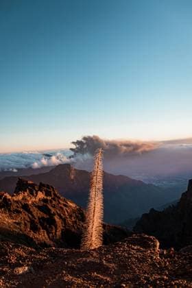 Creative Highlights World Spectacular landscape of huge rocky mountains silhouette and erupting volcano against starry evening sky in La Palma Island MartaMartinez_LandscapeLaPalmaVolcano_16.jpg Copyright: xMartaxMartinezx Model Released