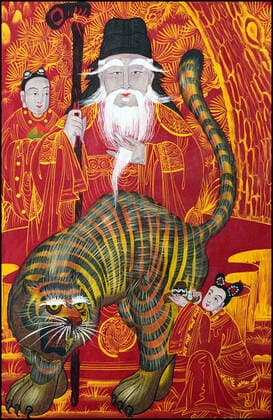 In Korean folklore the tiger - pictured here accompanying or guarding the mountain god - is a benevolent creature that brings news from the gods to mankind. An acolyte stands beside the mountain god, while a supplicant makes an offering. Supplier:xCPAxMediaxCo.xLtd. 1060_05_CPA0007846