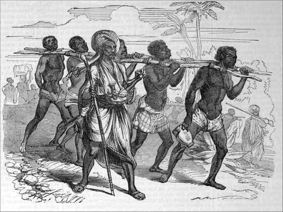 Black slaves were imported into the Muslim world from Africa by a number of routes northward across the Sahara desert, and by sea into Arabia and the Persian Gulf. Estimates of the number involved vary greatly but it seems that there may easily have been 10 million, perhaps even twice that number.<br ><br > Two-thirds of African slaves were female. The males were considered to be troublesome. An uprising of slaves from West Africa, the Zanj, who had been imported into the Tigris-Euphrates delta to reclaim salt marshland through their backbreaking labour, lasted from 869 until 883.<br ><br > The mortality rate was very high because of the harsh conditions, but the trade was so lucrative that merchants were not deterred by the numbers who d Supplier:xCPAxMediaxCo.xLtd. 1060_05_CPA0009460