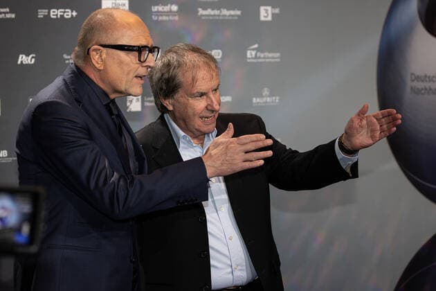 03 12 2021 Düsseldorf Presentation of the 14 German Sustainability Award Here journalist and producer Stefan Schulze Hausmann li and singer Chris de Burgh r Düsseldorf Martim Hotel North Rhine Westphalia Germany