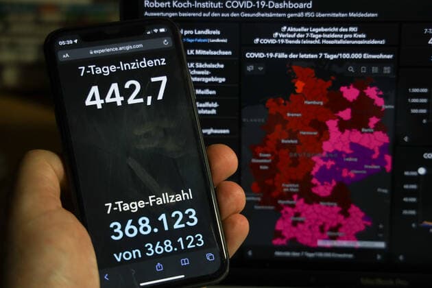 Coronavirus in Germany Covid 19 Dashboard of the Robert Koch Institute 04 12 2021 Robert Koch Institute 7 days Incidence 442.7 7 days Number of cases 368 123 COVID 19 cases 6 116 070 Addition of 64 510 compared to the previous day COVID 19 deaths 102 946 Addition of 378 compared to the previous day