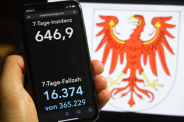 Coronavirus in Germany Covid 19 Dashboard of the Robert Koch Institute DEU, Germany, Brandenburg 05 12 2021 The 7-day incidence for the state Cases last 7 days 100 000 p.e. is displayed on an iPhone, with the state coat of arms in the background.