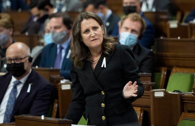 December 6, 2021, Ottawa, ON, Canada: Deputy Prime Minister and Finance Minister Chrystia Freeland rises during Question Period, Monday, December 6, 2021 in Ottawa. Ottawa Canada  - ZUMAc35_ 20211206_zaf_c35_040 Copyright: xAdrianxWyldx