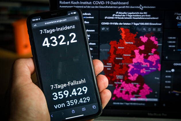 Coronavirus in Germany Covid 19 Dashboard of the Robert Koch Institute 07 12 2021 Robert Koch Institute 7 days Incidence 432.2 7 days Number of cases 359 429 COVID 19 Cases 6 222 020 Addition by 36 059 compared to previous day COVID 19 Deaths 103 520 Addition by 399 compared to previous day