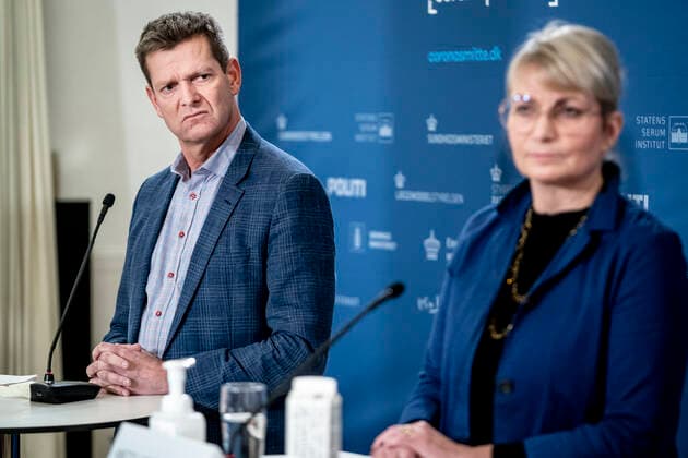 Director of the National Board of Health Soeren Brostroem and Director of the Danish Agency for Patient Safety Anette Lykke Petri during a press briefing on the status of the epidemic, the Omikron variant, infection detection and test capacity, in Eigtveds Warehouse in Copenhagen, Tuesday 7 December 2021, Copenhagen Denmark  Copyright: RitzauxScanpix MadsxClausxRasmussenx cop105 spdk20211207-172903-L