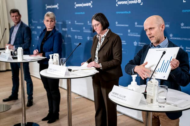 Director of the National Board of Health Soeren Brostroem, director of the Danish Agency for Patient Safety Anette Lykke Petri, director of the Danish Agency for Security of Supply Lisbet Zilmer Johns and managing director of the Statens Serum Institut Henrik Ullum during a press briefing on the status of the e  Copyright: RitzauxScanpix MadsxClausxRasmussenx cop105 spdk20211207-173850-L