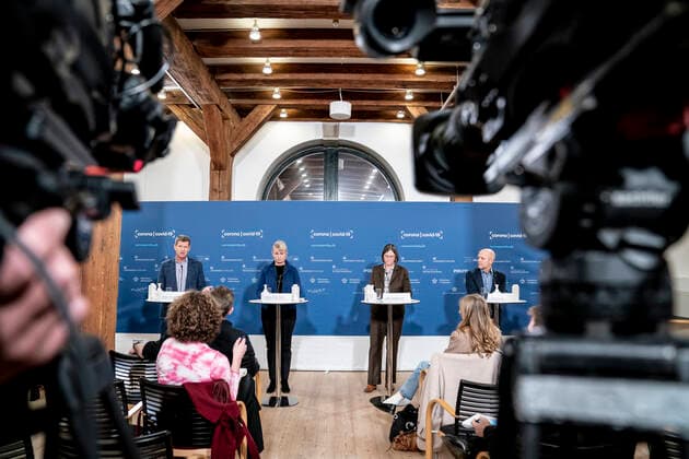 Director of the National Board of Health Soeren Brostroem, director of the Danish Agency for Patient Safety Anette Lykke Petri, director of the Danish Agency for Security of Supply Lisbet Zilmer Johns and managing director of the Statens Serum Institut Henrik Ullum during a press briefing on the status of the e  Copyright: RitzauxScanpix MadsxClausxRasmussenx cop105 spdk20211207-173921-L