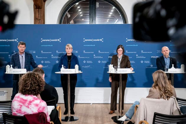 Director of the National Board of Health Soeren Brostroem, director of the Danish Agency for Patient Safety Anette Lykke Petri, director of the Danish Agency for Security of Supply Lisbet Zilmer Johns and managing director of the Statens Serum Institut Henrik Ullum during a press briefing on the status of the e  Copyright: RitzauxScanpix MadsxClausxRasmussenx cop105 spdk20211207-173929-L