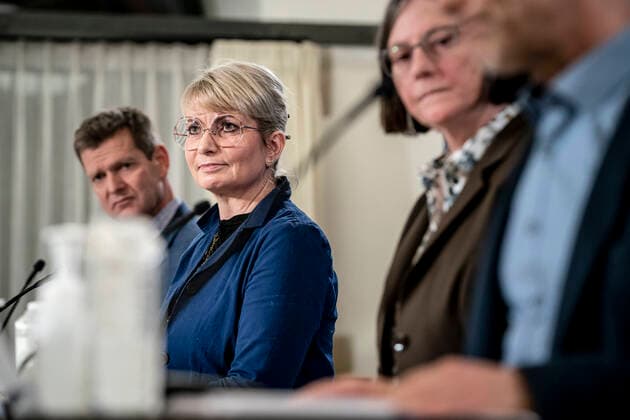Director of the Danish Agency for Patient Safety Anette Lykke Petri during a press briefing on the status of the epidemic, the Omikron variant, infection detection and test capacity, in Eigtveds Warehouse in Copenhagen, Tuesday 7 December 2021, Copenhagen Denmark  Copyright: RitzauxScanpix MadsxClausxRasmussenx cop105 spdk20211207-174203-L