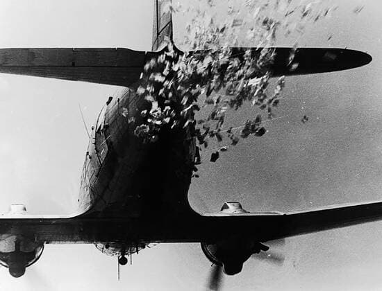 The workhorse of air delivery of leaflets in the Korean War was the C-47 Transport Aircraft. Also used was the B-29 Superfortress, which could distribute one million leaflets per flight. Some B-26 gunships were equipped with special pods that held several hundred pounds of leaflets, which could be dribbled out at a slow rate or dumped in bulk in a few seconds. By the end of the war, more than 2.5 billion leaflets had been dropped over enemy positions. . . 1062_33_L_-10322-