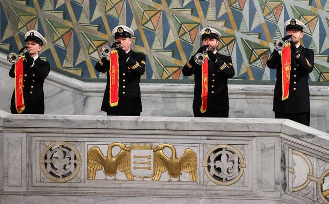 OSLO, NORWAY â€“ DECEMBER 10, 2021: Military musicians are seen before the start of the 2021 Nobel Peace Prize ceremony at Oslo City Hall. Sergei Bobylev TASS  TS11B5A1