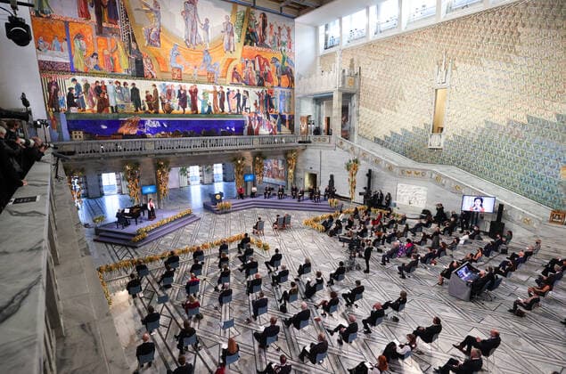 OSLO, NORWAY â€“ DECEMBER 10, 2021: The 2021 Nobel Peace Prize award ceremony at Oslo City Hall. The Norwegian Nobel Committee has decided to award the Nobel Peace Prize for 2021 to Philipino-American journalist Maria Ressa and Russian journalist Dmitry Muratov in recognition of their efforts to safeguard freedom of expression, which is a precondition for democracy and lasting peace . Sergei Bobylev TASS  TS11B5A7