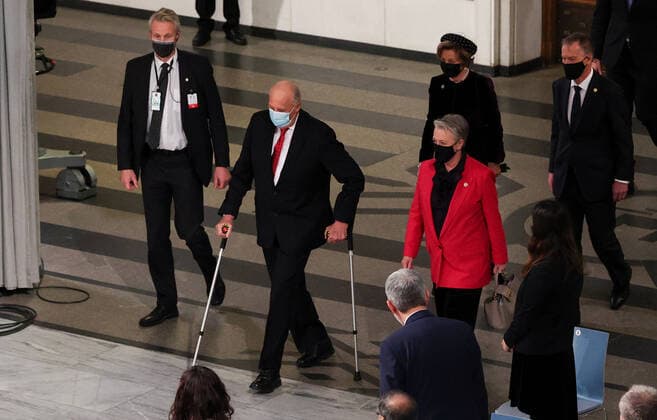 OSLO, NORWAY â€“ DECEMBER 10, 2021: King Harald V of Norway and Norwegian Nobel Committee Chairwoman Berit Reiss-Andersen (L-R centre midground) arrive for the 2021 Nobel Peace Prize award ceremony at Oslo City Hall. The Norwegian Nobel Committee has decided to award the Nobel Peace Prize for 2021 to Philipino-American journalist Maria Ressa and Russian journalist Dmitry Muratov in recognition of their efforts to safeguard freedom of expression, which is a precondition for democracy and lasting peace . Sergei Bobylev TASS  TS11B5BD
