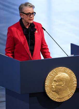 OSLO, NORWAY â€“ DECEMBER 10, 2021: Norwegian Nobel Committee Chairwoman Berit Reiss-Andersen speaks at the 2021 Nobel Peace Prize award ceremony at Oslo City Hall. The Norwegian Nobel Committee has decided to award the Nobel Peace Prize for 2021 to Philipino-American journalist Maria Ressa and Russian journalist Dmitry Muratov in recognition of their efforts to safeguard freedom of expression, which is a precondition for democracy and lasting peace . Sergei Bobylev TASS  TS11B5C6