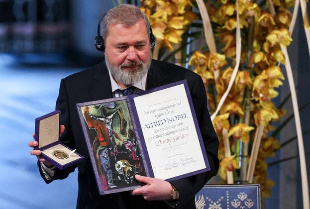 OSLO, NORWAY â€“ DECEMBER 10, 2021: Russian journalist, Novaya Gazeta editor-in-chief Dmitry Muratov is awarded the 2021 Nobel Peace Prize in recognition of his efforts to safeguard freedom of expression, which is a precondition for democracy and lasting peace , at a ceremony at Oslo City Hall. Sergei Bobylev TASS  TS11B5DB