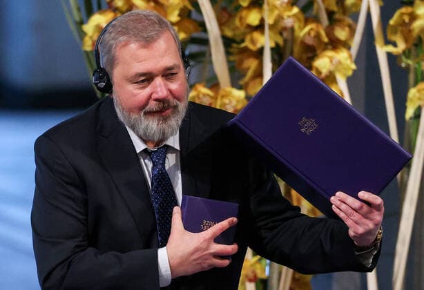 OSLO, NORWAY â€“ DECEMBER 10, 2021: Russian journalist, Novaya Gazeta editor-in-chief Dmitry Muratov is awarded the 2021 Nobel Peace Prize in recognition of his efforts to safeguard freedom of expression, which is a precondition for democracy and lasting peace , at a ceremony at Oslo City Hall. Sergei Bobylev TASS  TS11B5E0