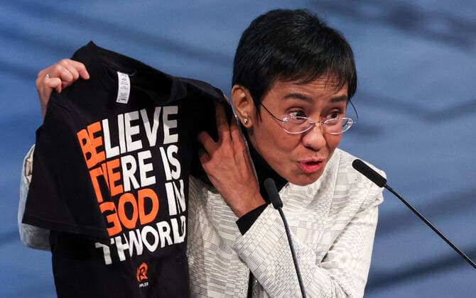 OSLO, NORWAY â€“ DECEMBER 10, 2021: 2021 Nobel Peace Prize winner, Filipino-American journalist, co-founder and CEO of Rappler Maria Ressa delivers a Nobel lecture at the 2021 Nobel Peace Prize award ceremony at Oslo City Hall. The Norwegian Nobel Committee has decided to award the Nobel Peace Prize for 2021 to Maria Ressa and Dmitry Muratov in recognition of their efforts to safeguard freedom of expression, which is a precondition for democracy and lasting peace . Sergei Bobylev TASS  TS11B5E7
