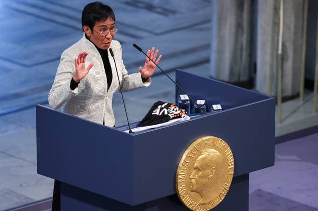 OSLO, NORWAY â€“ DECEMBER 10, 2021: 2021 Nobel Peace Prize winner, Filipino-American journalist, co-founder and CEO of Rappler Maria Ressa delivers a Nobel lecture at the 2021 Nobel Peace Prize award ceremony at Oslo City Hall. The Norwegian Nobel Committee has decided to award the Nobel Peace Prize for 2021 to Maria Ressa and Dmitry Muratov in recognition of their efforts to safeguard freedom of expression, which is a precondition for democracy and lasting peace . Sergei Bobylev TASS  TS11B5F5