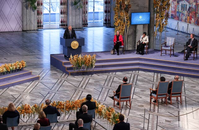 OSLO, NORWAY â€“ DECEMBER 10, 2021: 2021 Nobel Peace Prize winner, Russian journalist, Novaya Gazeta editor-in-chief Dmitry Muratov (C back) delivers a Nobel lecture at the 2021 Nobel Peace Prize award ceremony at Oslo City Hall. The Norwegian Nobel Committee has decided to award the Nobel Peace Prize for 2021 to Maria Ressa and Dmitry Muratov in recognition of their efforts to safeguard freedom of expression, which is a precondition for democracy and lasting peace . Sergei Bobylev TASS  TS11B608