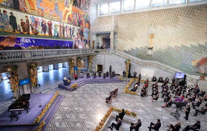 OSLO, NORWAY â€“ DECEMBER 10, 2021: The 2021 Nobel Peace Prize award ceremony at Oslo City Hall. The Norwegian Nobel Committee has decided to award the Nobel Peace Prize for 2021 to Maria Ressa and Dmitry Muratov in recognition of their efforts to safeguard freedom of expression, which is a precondition for democracy and lasting peace . Sergei Bobylev TASS  TS11B613