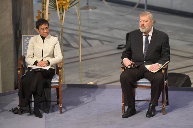Philippine journalist Maria Ressa and Russian journalist Dmitry Muratov receive their Nobel Peace Prize for their courageous fight for freedom of expression in the face of authoritarian governments during the Nobel Peace Prize Award Ceremony 2021 at the Oslo City Town Hall in Norway. Both have been subject to threats for their reporting on human rights abuses and corruption carried out by the governments of Philippine President Rodrigo Duterte and Russian President Vladimir Putin respectively. DECEMBER 10th 2021  RHDx21651