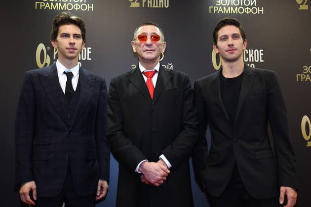 MOSCOW, RUSSIA - DECEMBER 10, 2021: Singers VladiMir, Grigory Leps, and YurKiss (Yuri Kiselev) (L-R) attend the 2021 Golden Gramophone Awards ceremony at the State Kremlin Palace. Valery Sharifulin TASS  TS11B6DC