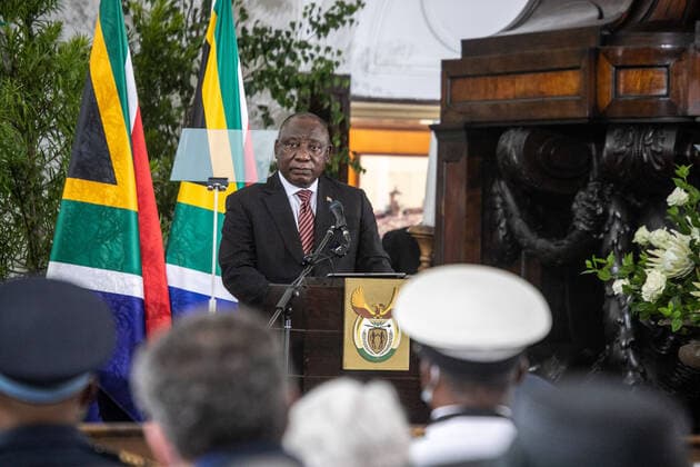 (211213) -- CAPE TOWN, Dec. 13, 2021 -- South African President Cyril Ramaphosa attends the state memorial service for last apartheid president Frederik Willem (FW) de Klerk in Cape Town, South Africa on Dec. 12, 2021. Cyril Ramaphosa was receiving treatment for mild COVID-19 symptoms after testing positive for the virus, said the Presidency in a statement Sunday night. The president, who has been fully vaccinated, started feeling unwell after leaving the state memorial service in Cape Town earlier Sunday. ) SOUTH AFRICA-PRESIDENT-COVID-19 LyuxTianran 
