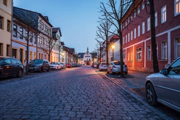 SONNEBERG, GERMANY - CIRCA APRIL, 2019: Streets of Sonneberg town in the evening, Thuringia, Germany