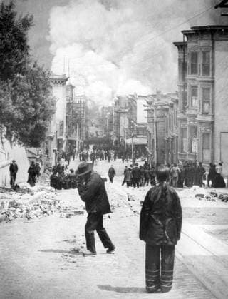 The San Francisco earthquake of 1906 was a major earthquake that struck San Francisco and the coast of Northern California at 5:12 a.m. on Wednesday, April 18, 1906.<br ><br > The most widely accepted estimate for the magnitude of the earthquake is a moment magnitude (Mw) of 7.9; however, other values have been proposed, from 7.7 to as high as 8.25. The main shock epicenter occurred offshore about 2 miles (3.2 km) from the city, near Mussel Rock. It ruptured along the San Andreas Fault both northward and southward for a total of 296 miles (476 km). Shaking was felt from Oregon to Los Angeles, and inland as far as central Nevada.The earthquake and resulting fire are remembered as one of the worst natural disasters in the history of the Unit Supplier:xCPAxMediaxCo.xLtd. 1060_05_CPA0017304