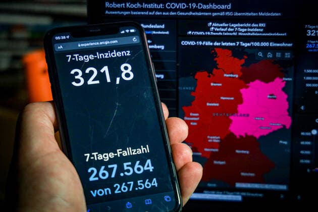 Coronavirus in Germany Covid 19 Dashboard of the Robert Koch Institute 18 12 2021 Robert Koch Institute 7 days Incidence 321.8 7 days Number of cases 267 564 COVID 19 cases 6 764 188 Additions of 42 813 compared to the previous day COVID 19 deaths 108 053 Additions of 414 compared to the previous day