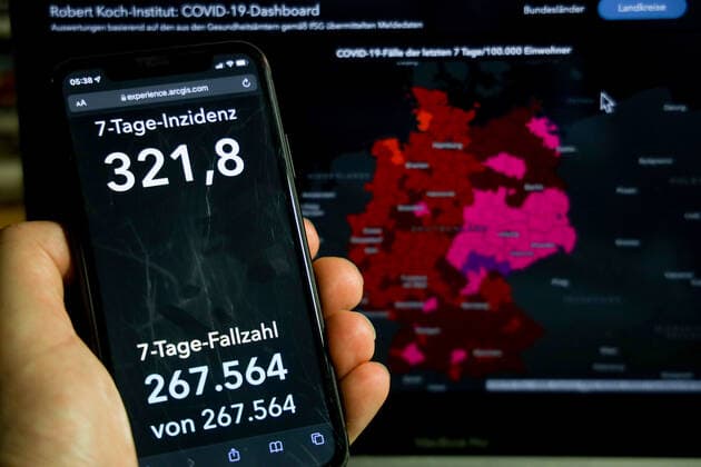 Coronavirus in Germany Covid 19 Dashboard of the Robert Koch Institute 18 12 2021 Robert Koch Institute 7 days Incidence 321.8 7 days Number of cases 267 564 COVID 19 cases 6 764 188 Additions of 42 813 compared to the previous day COVID 19 deaths 108 053 Additions of 414 compared to the previous day