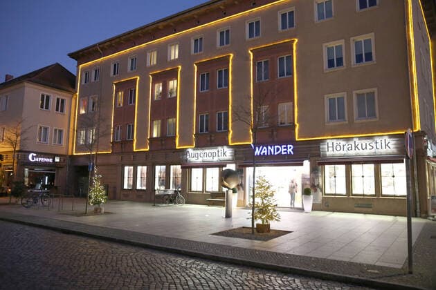View on Monday 20 12 2021 on the Christmas decorated city center of Neubrandenburg County Mecklenburg Lake Dist