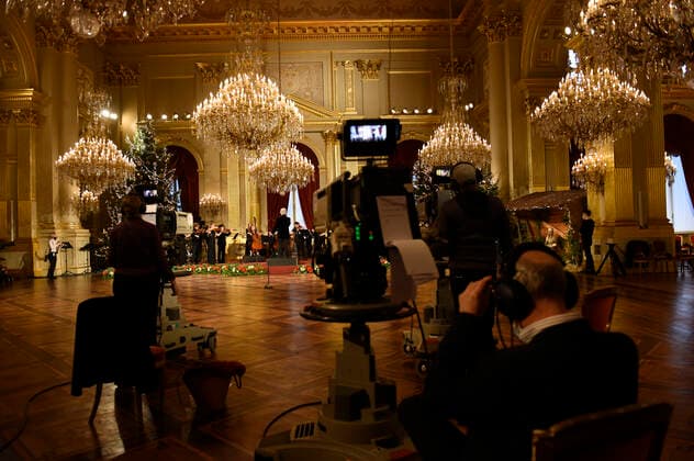 Illustration shows the rehearsal of the yearly Christmas concert, in the Throne Room (Salle du Trone - Troonzaal) at the Royal Palace in Brussels, Tuesday 21 December 2021.  POOLxPHILIPxREYNAERTS 3160698