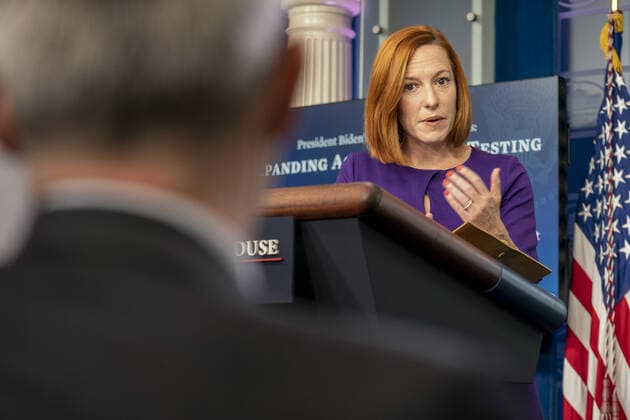 White House Press Secretary Jen Psaki participates in a news conference during which she took questions on US President Joe Biden s COVID-19 situation at the White House, in Washington, DC, on Tuesday, December 21, 2021.  WAP20211221505 KenxCedeno