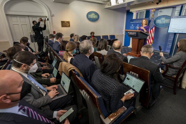 White House Press Secretary Jen Psaki participates in a news conference during which she took questions on US President Joe Biden s COVID-19 situation at the White House, in Washington, DC, on Tuesday, December 21, 2021.  WAP20211221506 KenxCedeno