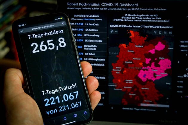 Coronavirus in Germany Covid 19 Dashboard of the Robert Koch Institute 24 12 2021 Robert Koch Institute 7 days Incidence 265.8 7 days Number of cases 221 067 COVID 19 cases 6 959 067 Addition by 35 431 compared to previous day COVID 19 deaths 110 119 Addition by 370 compared to previous day