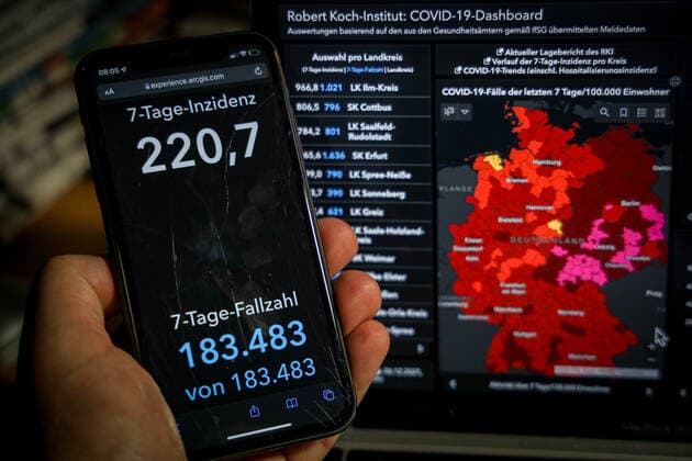 Coronavirus in Germany Covid 19 Dashboard of the Robert Koch Institute 26 12 2021 Robert Koch Institute 7 days Incidence 220.7 7 days Number of cases 183 483 COVID 19 cases 6 991 381 Additions increased by 10 100 compared to the previous day COVID 19 death