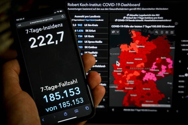 Coronavirus in Germany Covid 19 Dashboard of the Robert Koch Institute 27 12 2021 Robert Koch Institute 7 days Incidence 222.7 7 days Number of cases 185 153 COVID 19 cases 7 005 289 Additions increased by 13 908 compared to the previous day COVID 19 death