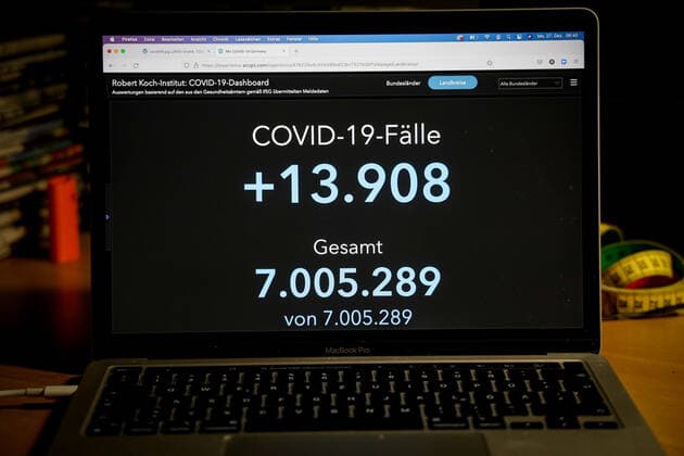 Coronavirus in Germany Covid 19 Dashboard of the Robert Koch Institute 27 12 2021 Robert Koch Institute 7 days Incidence 222.7 7 days Number of cases 185 153 COVID 19 cases 7 005 289 Additions increased by 13 908 compared to the previous day COVID 19 death