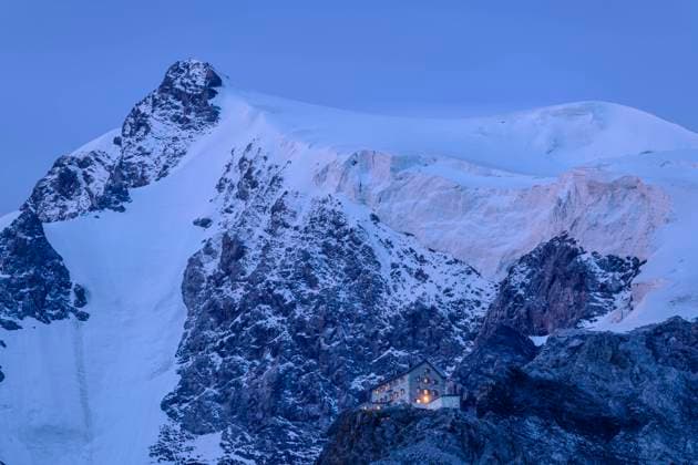 Secluded Payerhutte refuge in Ortler Alps at dusk, ANSF00118