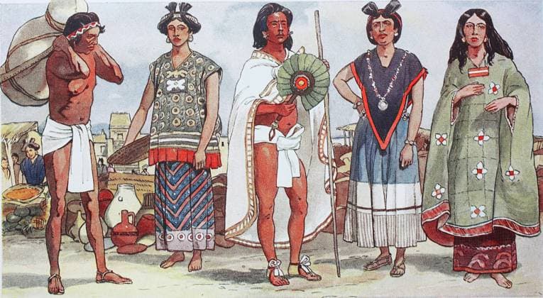IMAGO Cultures of the world, Zapotec Kultur in Mexiko Kleidung, Mode in Mittelamerika, Alt-Mexiko im 15.-16. Jahrhundert, von links, ein Mann mit Lendenschurz, eine Zapoteken-Indianerin, ein einheimischer Händler, eine Frau der Huastek-Indianer und eine Mexikanerin Clothing, Fashion in Central America, Old Mexico in the 15.-16. century, from the left, a man carrying a loincloth, a Zapotec Indian woman, a native merchant, a wife of the Huastek Indians, and a Mexican woman, Historisch, historical, digital improved reproduction of an original from the 19th century digital restaurierte Reproduktion einer Originalvorlage aus dem 19. Jahrhundert, Originaldatum nicht bekannt,