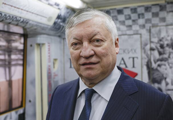 MOSCOW, RUSSIA â€“ DECEMBER 28, 2021: Chess grandmaster Anatoly Karpov attends the launching of a chess-themed train in the Moscow Underground, at the Severnoye depot. Mikhail Japaridze TASS  TS11D8DD