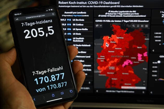 Coronavirus in Germany Covid 19 Dashboard of the Robert Koch Institute 29 12 2021 Robert Koch Institute 7 days Incidence 205.5 7 days Number of cases 170 877 COVID 19 cases 7 066 412 Additions increased by 40 043 compared to the previous day COVID 19 deat