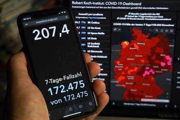 Coronavirus in Germany Covid 19 Dashboard of the Robert Koch Institute 30 12 2021 Robert Koch Institute 7 days Incidence 207 4 7 days Number of cases 172 475 COVID 19 cases 7 109 182 Additions increased by 42 770 compared to the previous day COVID 19 deaths 11