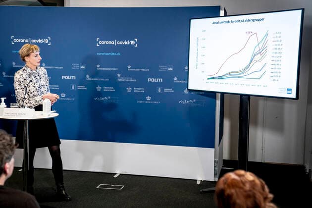 Academic director of the Statens Serum Institut Tyra Grove Krause during the Boerne and the Ministry of Educations press conference on the framework for the childrens return to school, in Eigtveds Pakhus in Copenhagen, Tuesday 4 January 2022, Copenhagen Denmark  Copyright: RitzauxScanpix MadsxClausxRasmussenx cop103 spdk20220104-111656-L