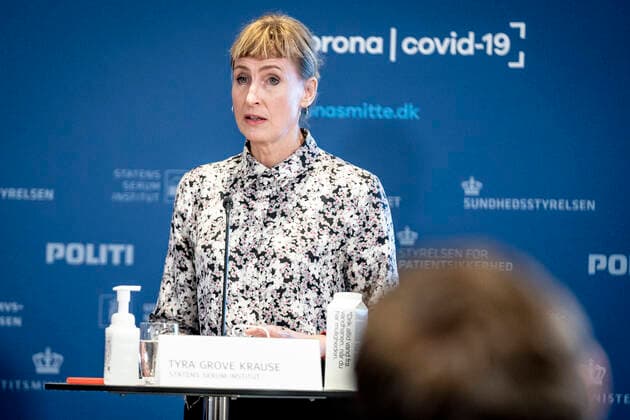 Academic director of the Statens Serum Institut Tyra Grove Krause during the Boerne and the Ministry of Educations press conference on the framework for the childrens return to school, in Eigtveds Pakhus in Copenhagen, Tuesday 4 January 2022, Copenhagen Denmark  Copyright: RitzauxScanpix MadsxClausxRasmussenx cop103 spdk20220104-111704-L