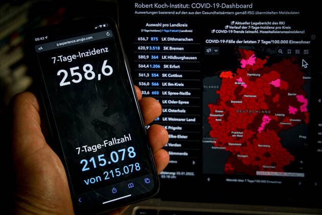 Coronavirus in Germany Covid 19 Dashboard of the Robert Koch Institute 05 01 2022 Robert Koch Institute 7 days Incidence 258 6 7 days Number of cases 215 078 COVID 19 cases 7 297 320 Additions increased by 58 912 compared to the previous day COVID 19 deaths 112 925 Additions increased b