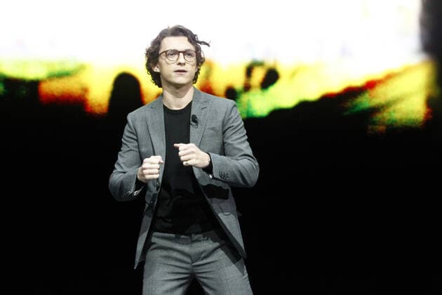 Tom Holland on stage during a press conference at the 2022 International CES, at the Mandalay Bay Convention Center in Las Vegas, Nevada on Tuesday, January 4, 2022.  LAV2022010446 JAMESxATOA