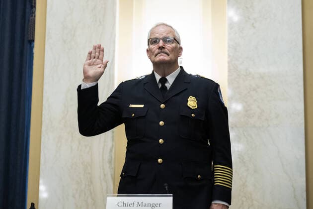 U.S. Capitol Police Chief J. Thomas Manger is sworn in during the Senate Rules and Administration Committee hearing to examine the U.S. Capitol Police following the January 6, 2021 attack on the Capitol, one day before the anniversary of the attack in Washington, DC on January 5, 2022. Pool  WAX20220105910 TomxWilliams