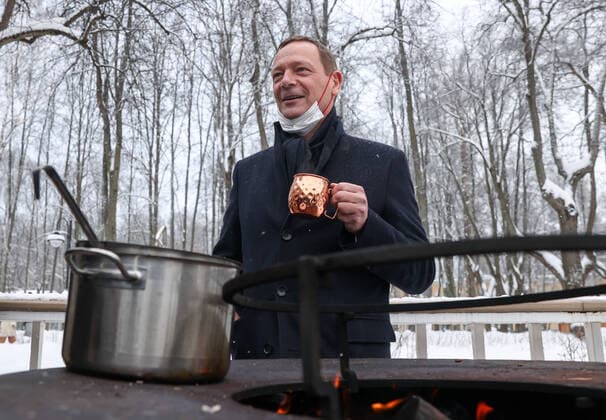 MOSCOW REGION, RUSSIA â€“ JANUARY 6, 2022: The French president s diplomatic advisor Emmanuel Bonne enjoys a hot drink in Arkhangelskoye museum estate before Normandy format talks with Deputy Chief of Staff of Russiaâ€™s Presidential Executive Office Dmitry Kozak and the German Chancellor s foreign and security policy adviser Jens Plotner. The talks will discuss Ukraine crisis de-escalation and strengthening strategic stability in Europe. Sergei Bobylev TASS  TS11E23B
